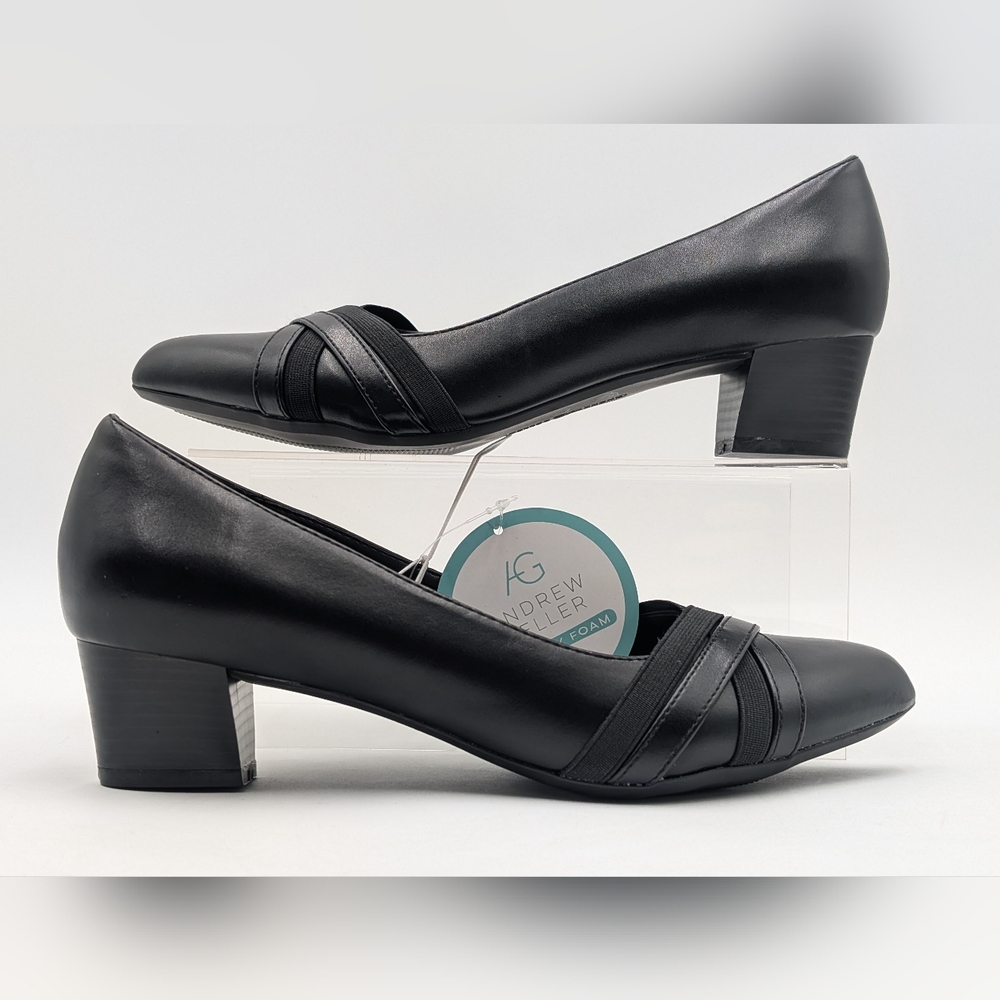NWT Andrew Geller Olena 8.5W Block Heel Black Criss-Cross Vamp Cushioned Sole - Picture 9 of 17